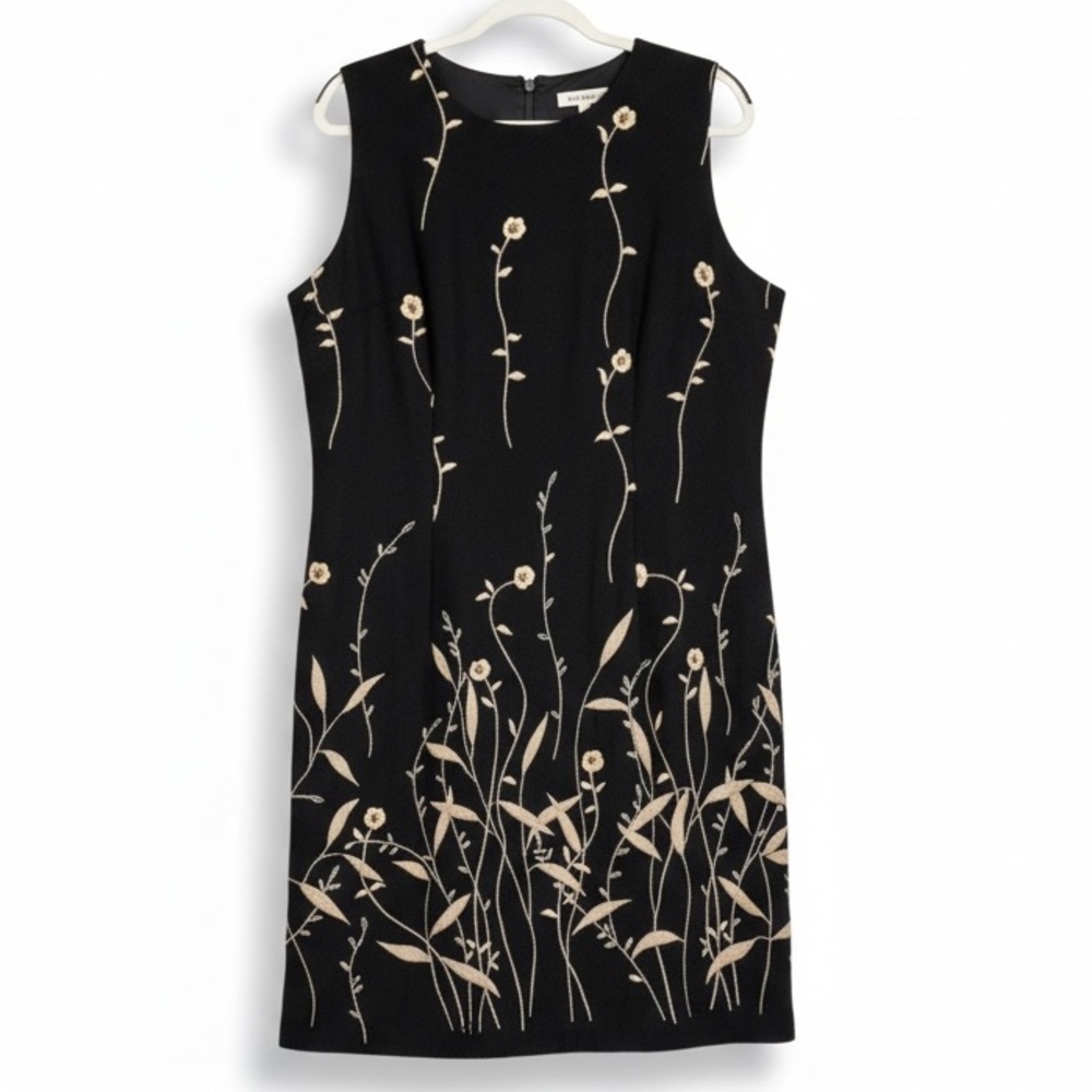 Vintage SAG HARBOR Floral Shift Dress Sleeveless Black Gold Rayon Zip Up Size L